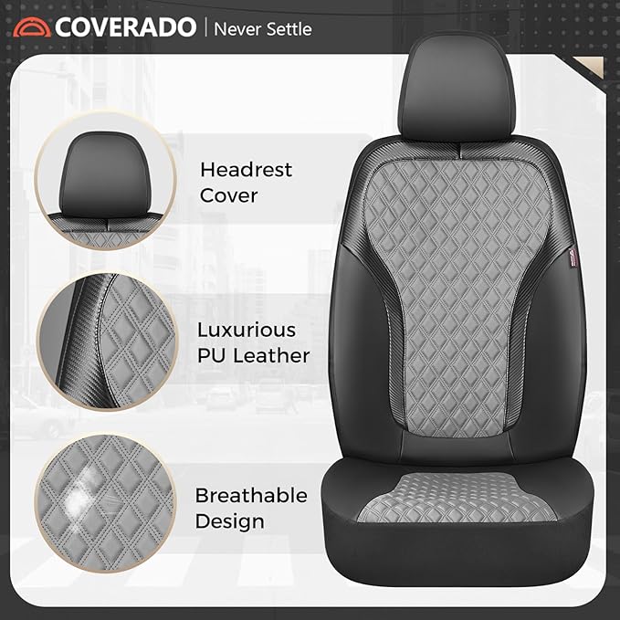 Coverado Car Seat Covers for Front Seats, Luxury Leather Car Seat Cover with Carbon Fiber Weave, Waterproof Automotive Seat P