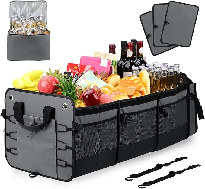 Large Trunk Organizer with Removable Cooler Bag-Collapsible Durable Multi Compartments w/ Foldable Cover, Non Slip Bottom Car