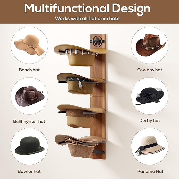 Hat Holder Rustic Wood Star Design – 2-Piece Organizer with Extra Wide Wooden Boards (12cm / 4.72"), 4-Hook Cowboy Hat Rack f