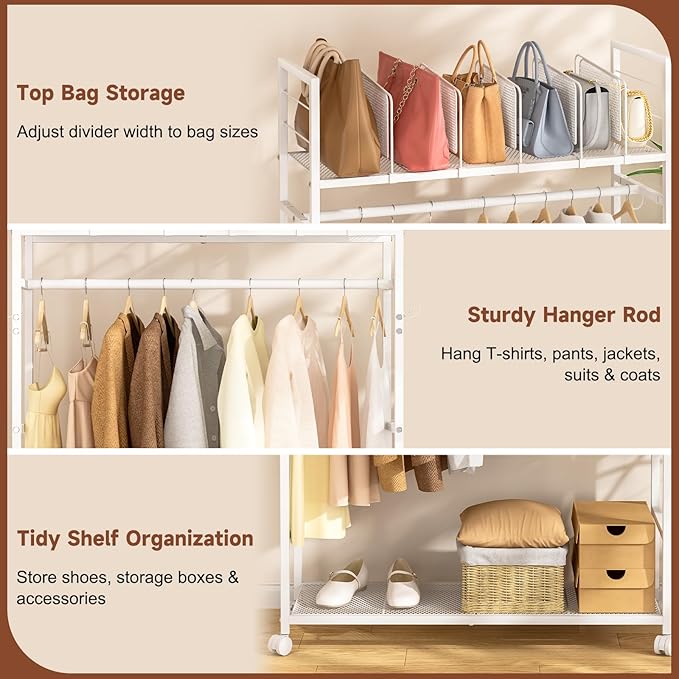 Portable Clothes Rack with Adjustable Shelf Divider, Freestanding Closet Organizers and Storage, Garment Rack and Purse Stora
