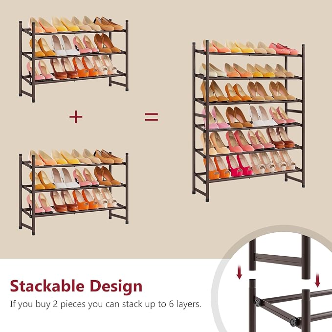 Tajsoon 3 Tier Expandable Shoe Rack for Closet, 28“-41“Adjustable & Stackable Shoe Shelf Storage, Metal Shoe Rack Organizer f