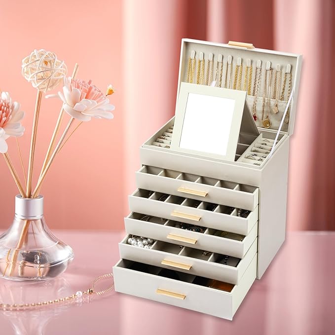 BOOVO Jewelry Boxes for Women, White and Black 6 Layer Large Jewelry Box for Necklace, Bracelet, Earrings, Rings Storage, Jew
