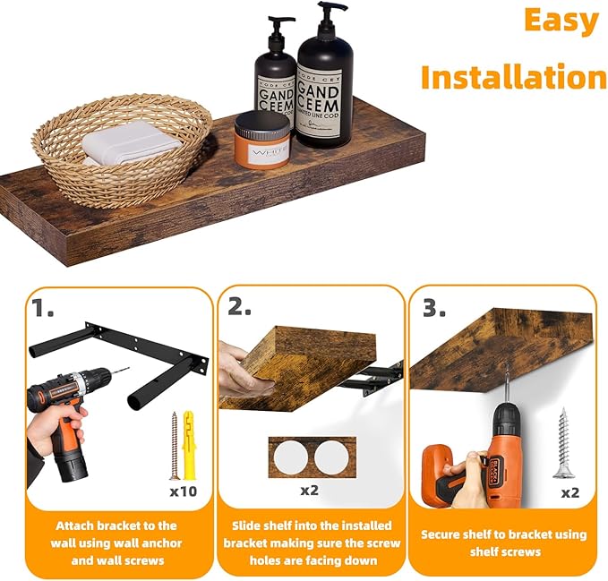INHABIT UNION Rustic Brown Floating Shelves for Wall，24in Wall Mounted Display Ledge Shelves Perfect for Bedroom, Bathroom, L