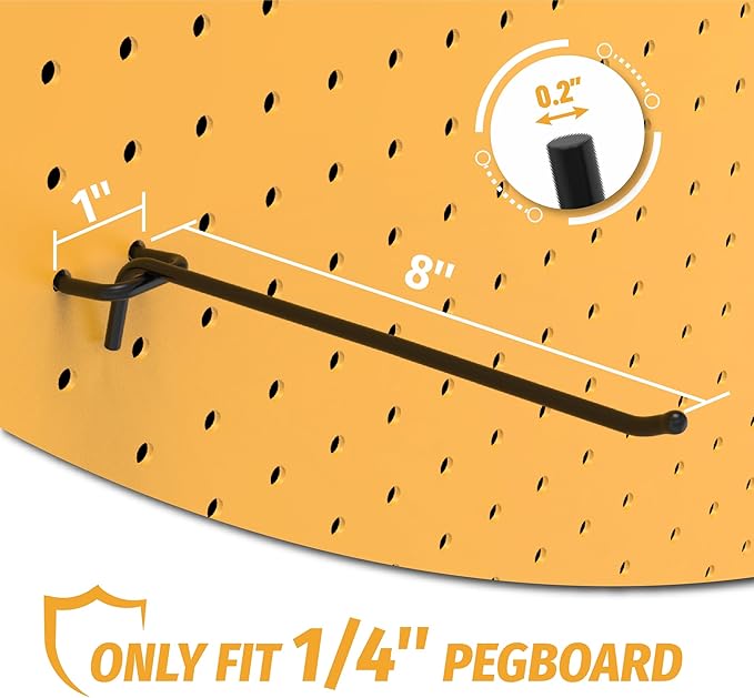HUHOLE 25 Pack Black Pegboard Hooks 8 Inch – Heavy Duty Metal L-Hooks for 1/4" Peg Board – Garage Tool Organizer, Retail Disp