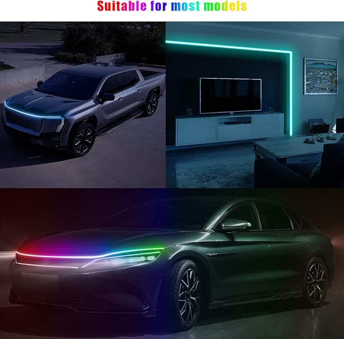 Ultra Thin LED Hood Light Strip, RGB Illusory Color Beam Kit, Multicolor Flexible LED Daytime Running Strip Lights for Cars, Trucks, Pickups, SUVs, etc (70in)