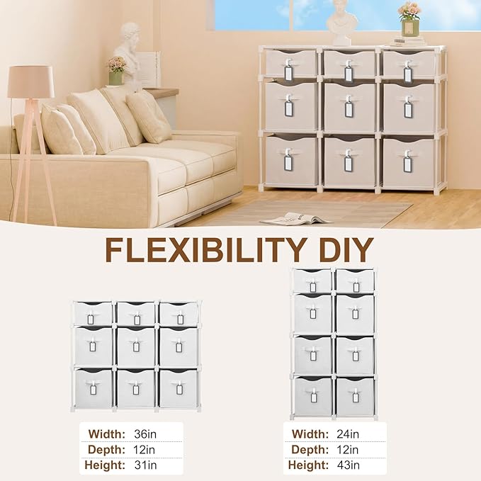 9 Cube Storage Organizer Shelf with Storage Bins and Label, 11 Inch Toy Cube Bins Clothes Closet Organizers Drawers Fabric Dr