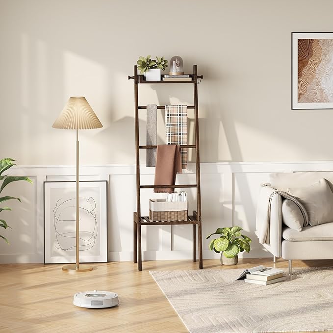 HOOBRO Blanket Ladder, 5 Tier Bamboo Ladder Shelf, Blanket Ladders for Living Room and Bedroom, Farmhouse Blanket Holder Rack
