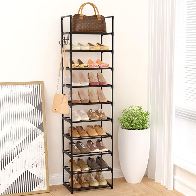 Narrow Shoe Rack 10 Tiers Tall Shoe Rack for Entryway 20 24 Pairs Shoe & Boots Organizer Storage Shelf Durable Black Metal St