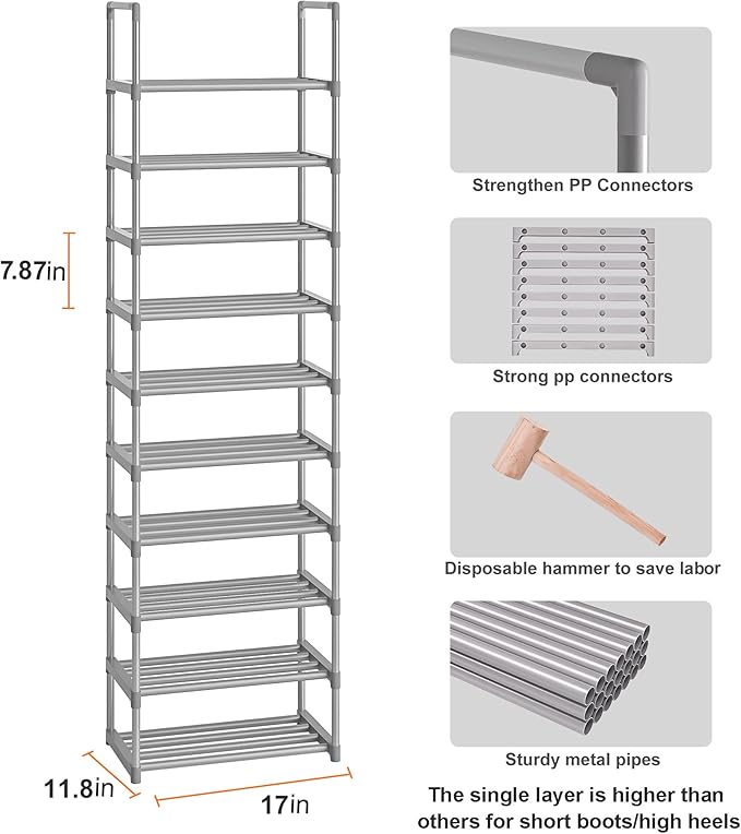OYREL 10-Tier Metal Shoe Rack, Narrow Shoe Rack Organizer, Sturdy Shoe Shelf for Closets, Entryway, Bedroom, Garage - Silver