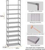 OYREL 10-Tier Metal Shoe Rack, Narrow Shoe Rack Organizer, Sturdy Shoe Shelf for Closets, Entryway, Bedroom, Garage - Silver