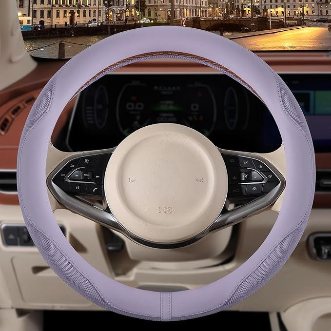14 inch Steering Wheel Cover for Prius Civic, Nappa Microfiber Leather Non-Slip Breathable Fabric, Warm in Winter and Cool in
