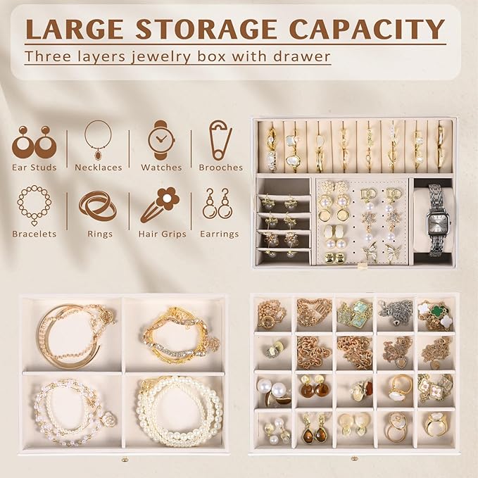 3 Layer Jewelry Boxes for Women with Mirror Large Jewelry Organizer Box with 2 Jewelry Organizer Drawer PU Lockable Elegant U