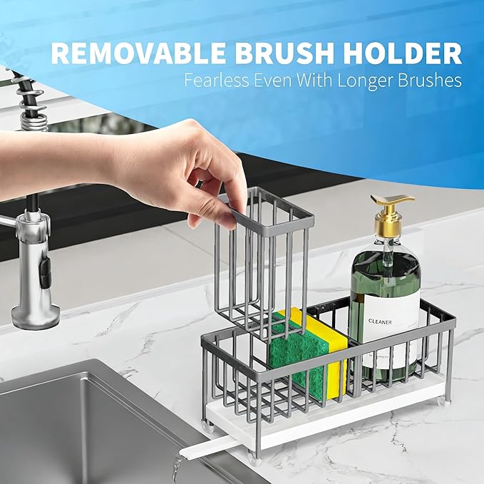 Cisily Sponge Holder for Kitchen Sink, Sink Caddy Organizer with High Brush Holder, Kitchen Countertop Organizers and Storage
