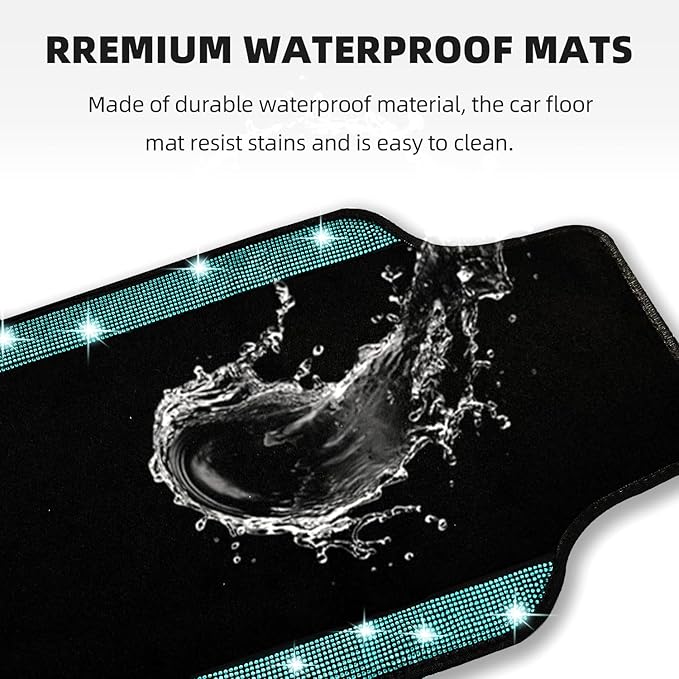 NBTEPEM Bling Car Floor Mats Full Set and Steering Wheel Cover, Universal Fit Most Cars, 4 pcs Sparkle Glitter Diamond Carpet, 5 pcs Bling Car Accessories Set for Women (Aquamarine Diamond)