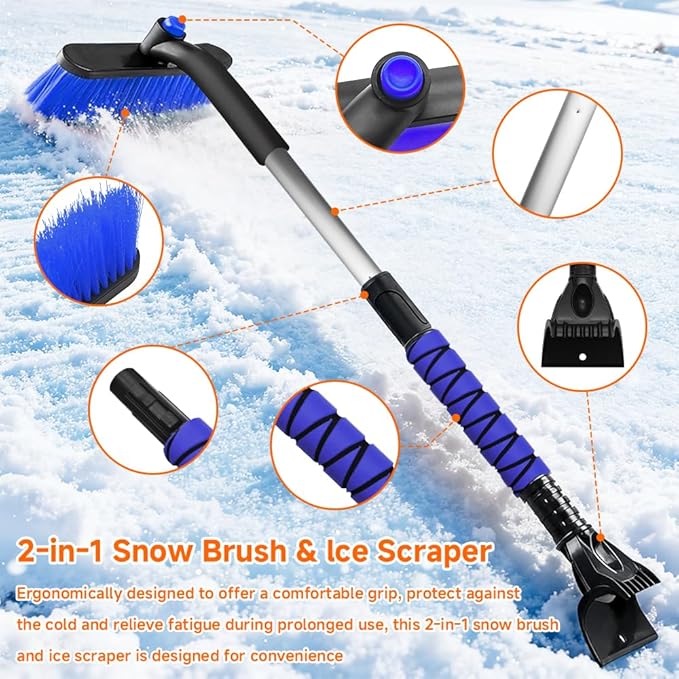 Snow Brush with Ice Scraper, Ice Scrapers, Car Windshieldand Extendable Snow Brush with Foam Grip and 360° Pivoting Brush Head, Detachable Snow Scrapers & Ergonomic Foam Grip for Cars (Blue)