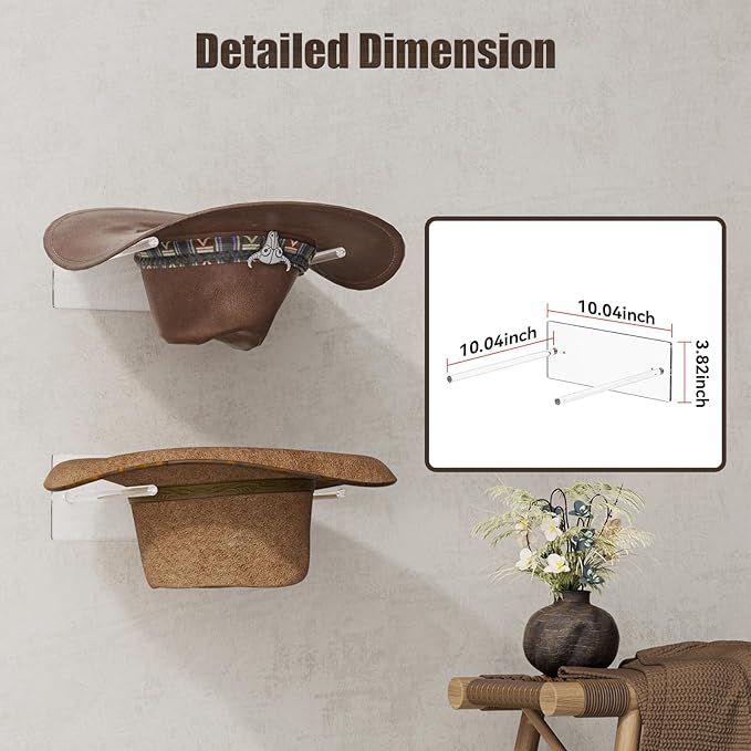 YUNEASELF Cowboy Hat Rack for Wall: 2 Pack Acrylic Hat Holder Organizer - Western Rustic Wall Mounted Hat Hanger Stand for Co