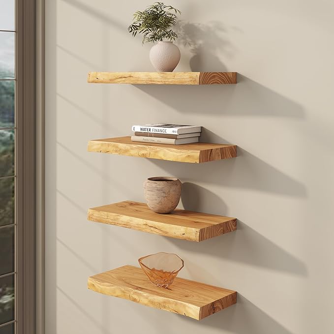 fuqing Live Edge Floating Shelves for Wall 20 inch, 8 Inch Deep Solid Elm Wood Floating Wall Shelves - Rustic Wooden Shelves 