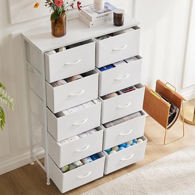 DUMOS Dresser for Bedroom, 10 Storage Drawers, Wide Fabric Closet Chests Organizer Tower Furniture with Wooden Top Metal Fram