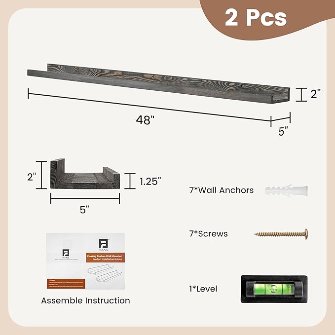 48 Inches Long Floating Shelves for Wall, Solid Pine Wood Picture Ledge Shelves, Wall Shelves with Lips, Nursery Book Shelves