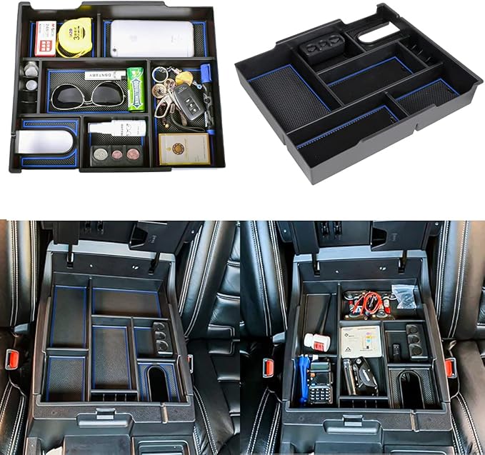 EDBETOS Center Console Tray Organizer Compatible with Toyota Tundra 2014 2015 2016 2017 2018 2019 2020 2021 Accessories, Armrest Secondary Storage Box (Blue Trim)