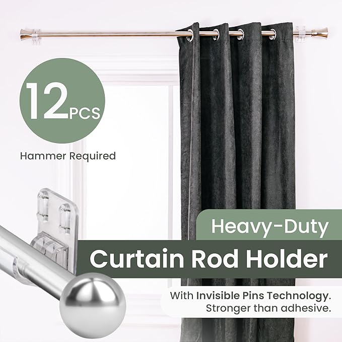 No Adhesive Heavy Duty Curtain Rod Holders with Wide Hook, 5X Stronger Than Adhesive Curtain Rod Hooks,Tension Curtain Rod Br