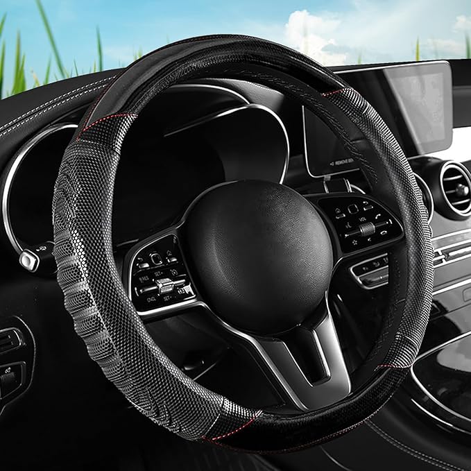 5D Honeycomb Black Car Steering Wheel Cover,14.5-15 Inch Universal Carbon Fibre Leather Covers Breathable Anti-Slip Odorless 