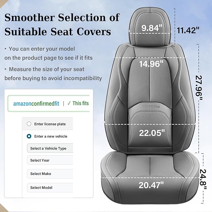 Coverado Car Seat Covers Full Set, Premium Nappa Leather Seat Covers for Car, Waterproof Car Seat Protector with Lumbar Suppo