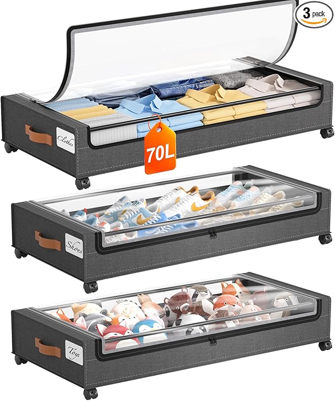 Yecaye 70L Under Bed Storage with Wheels, 3 Pack Larger Capacity Under Bed Storage Containers, Underbed Shoe Storage Organize
