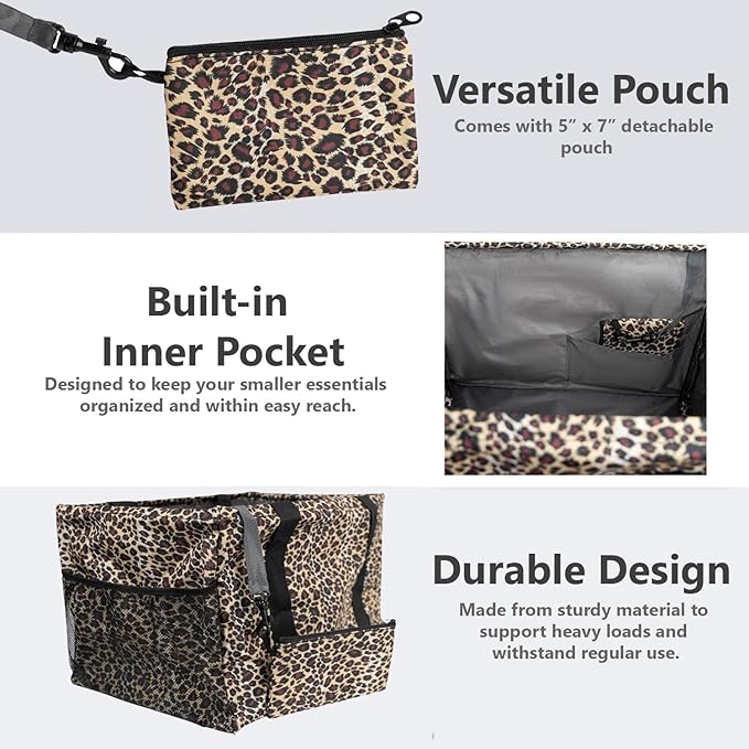 Extra Large Utility Tote Bag - Oversized Collapsible Tote with Wire Frame, Durable Reusable for Beach, Groceries, Laundry, Car Trunk, Storage and Travel - Includes 5x7 Bag with Hook - Leopard