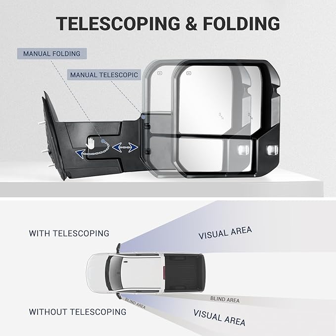 Towing Mirror Compatible with 2022-2025 Tundra with Blind Spot Monitoring Power Adjusted Heated Glass Turn Signal Backup Lamp Manual Telescoping & Folding Pair