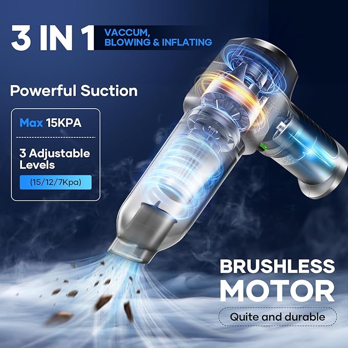 Mini Vacuum Cleaner, 3 in 1 Car Vacuum Cleaner High Power, 15000PA Powerful Suction, Air Duster, 7500mAh, Dual Filter,Adjusta