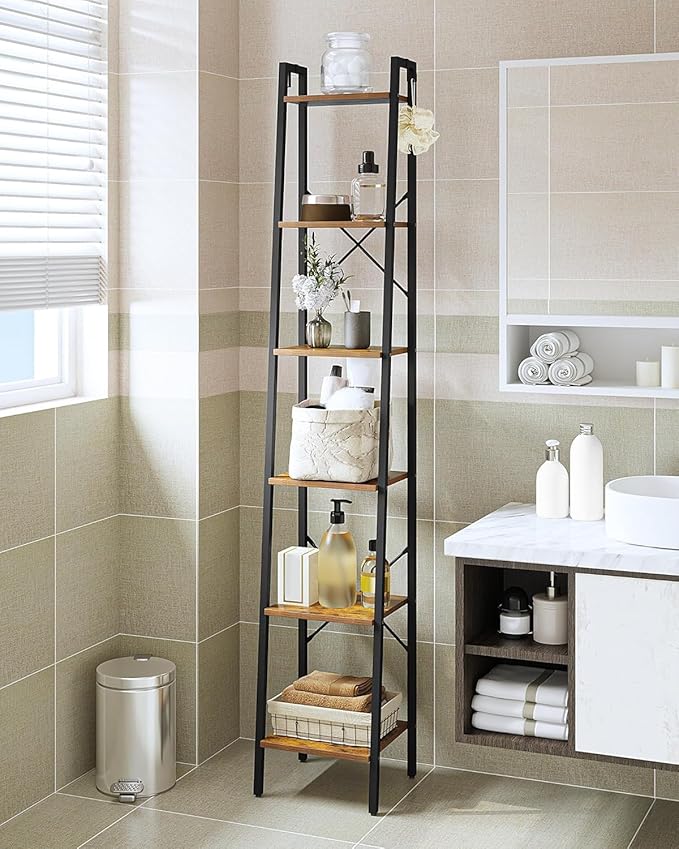 Hzuaneri Ladder Shelf, Bookshelf Bookcase, Freestanding Corner Storage Shelve with 2 Hooks for Home Office, Living Room, Kitc