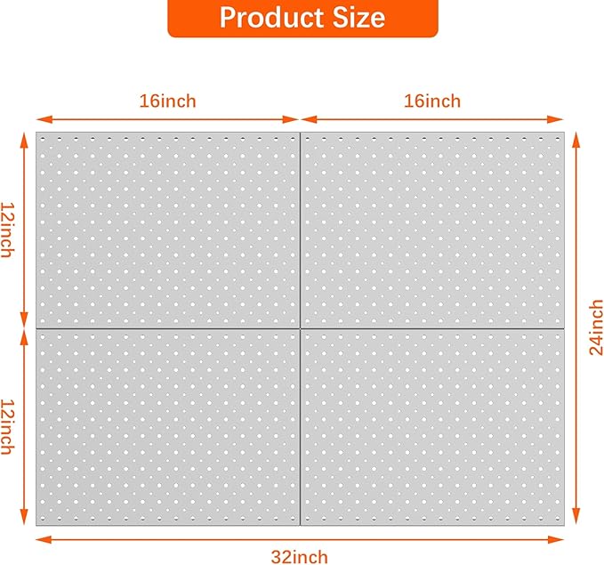 TORACK 4 PCS 12"x16" Metal Pegboard Panels for Garage, Workbench, Shop, Tool Organizer Peg Board with 1/8" & 1/4" Holes, Modu