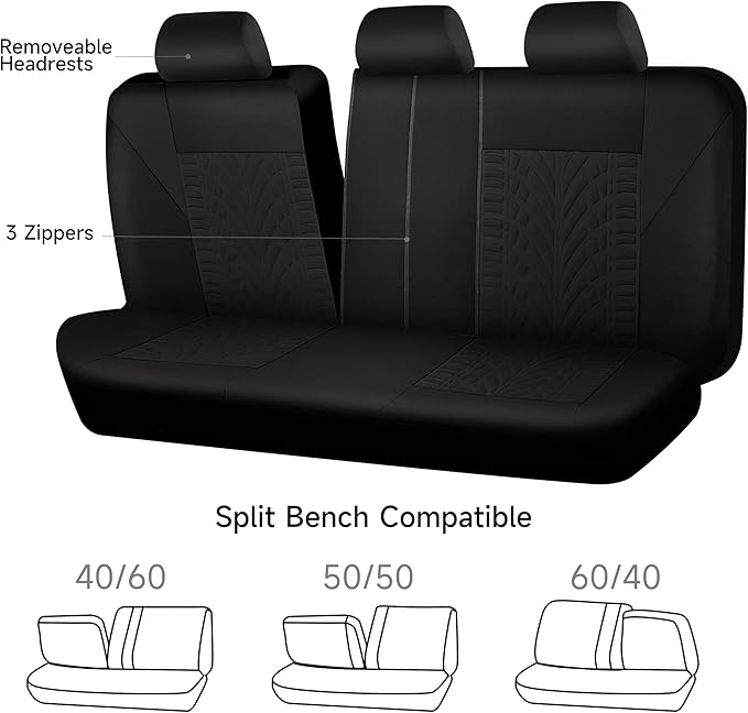 CAR PASS Car Seat Covers Full Sets, Front & Split Rear Bench for Car, 3D Tyre Embossed Automotive Interior Covers, Airbag Com