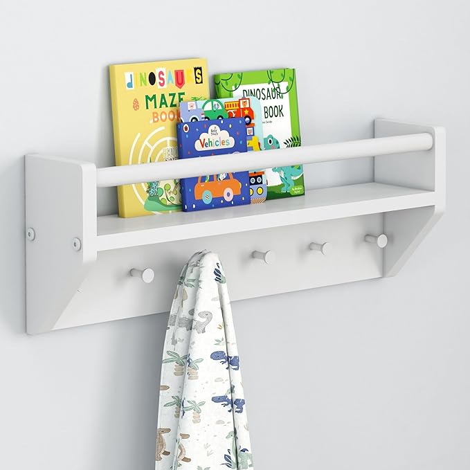 Max & Lily Wall Shelf with Pegs, 24 Inch Floating Bookshelf for Kids Room, Solid Wood Wall-Mounted Storage Shelf with Hooks f