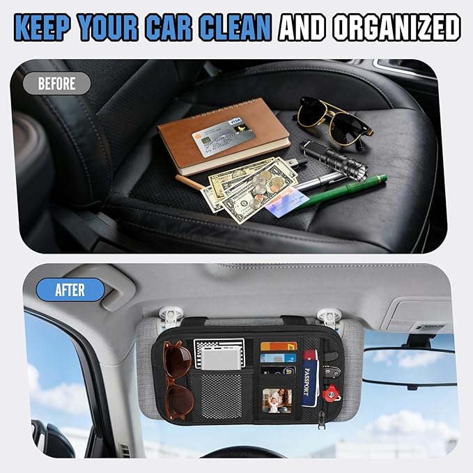 HUANLANG Car Sun Visor Organizer, Tactical Car Accessories with Zipper Storage Pouch, Glasses Clip Card Sleeve Pocket, Multi-Pocket Visor Organizer Fits Most Cars, SUVs, Trucks