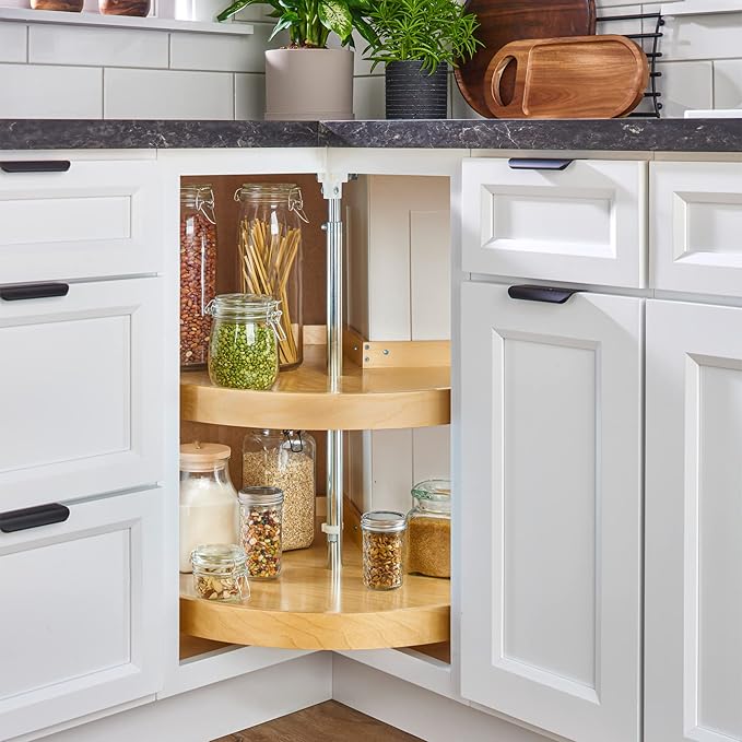 Rev-A-Shelf 28" Pie-Cut Lazy Susan Organizer for Base Corner Kitchen Cabinets, Banded Wood Home Storage 2-Shelves w/Telescopi