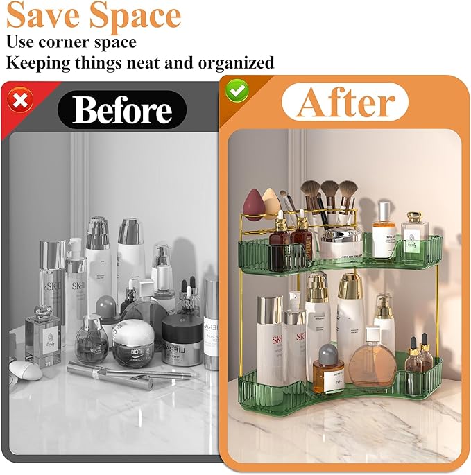 SUNZOS Bathroom Counter Organizer, Corner Vanity Cosmetic Storage with Makeup Brush Holder, Countertop Organizers for Dresser