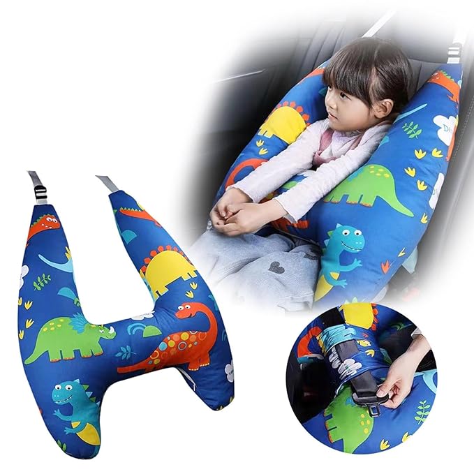 Car Seat Belt Pillow and Adjuster Kit for Kids, Travel Pillow Headrest Neck Support Cushion Seatbelt Cover and Safety Strap Protection Pad for Body Protector Rest (Dinosaurs)