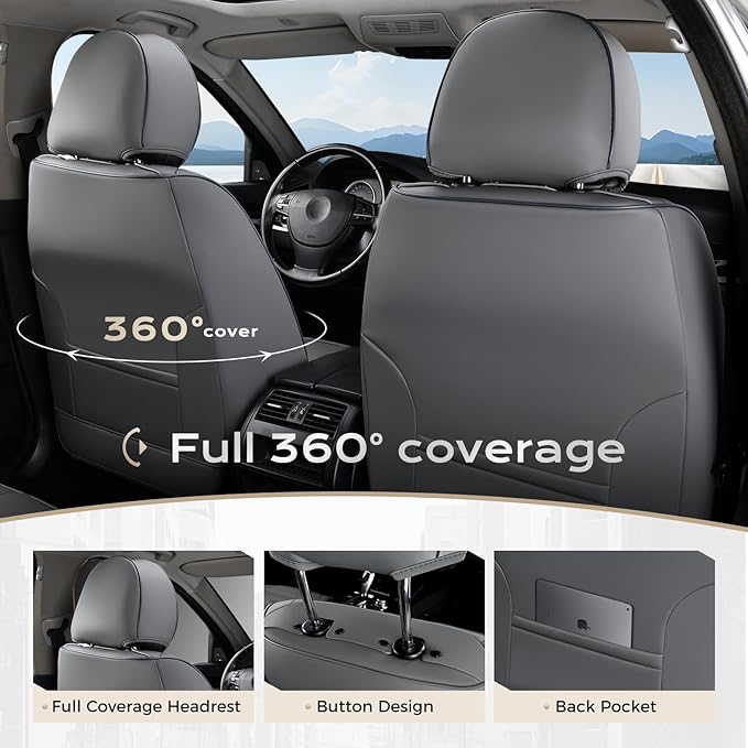 Coverado Car Seat Covers Full Set, Front Seat Covers with Lumbar Support and Back Seat Cover Waterproof Leather Automotive Se