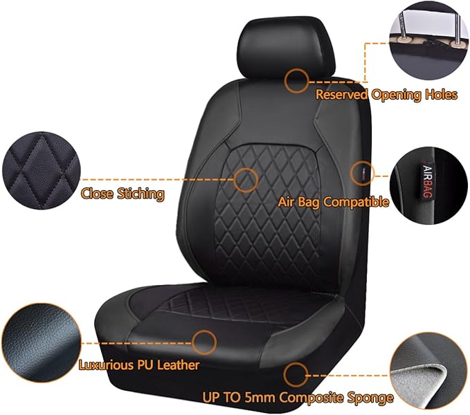 Universal Deluxe Pu Luxury Vinyl Faux Leather Car Seat Covers Full Set, Airbag Compatible, Breathable, Fit for Cars, Trucks, 