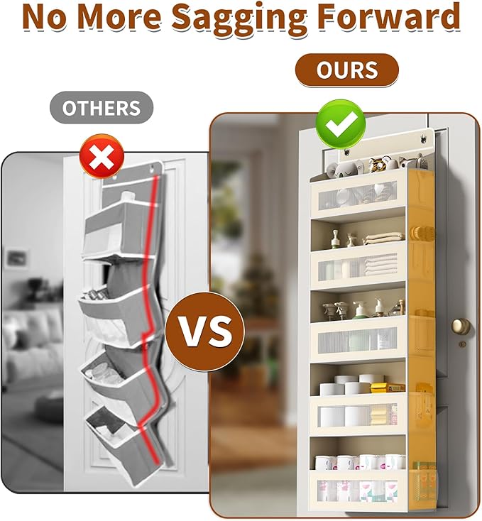 Over The Door Organizer with 5 Large Pockets, Over the Door Storage 10 Side Pocket 44 lb Load Behind Door Storage, Closet Doo