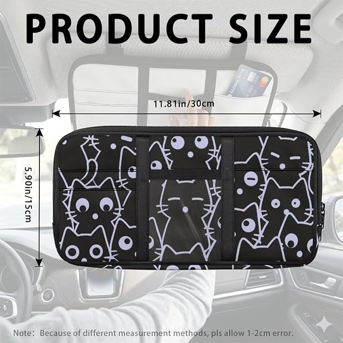 Black Cat Sun Visor Organizer for Trucks,Car SUV Storage Pouch Holder with Multi-Pocket Zipper Document Holder for Insurance, Pen, Chapstick