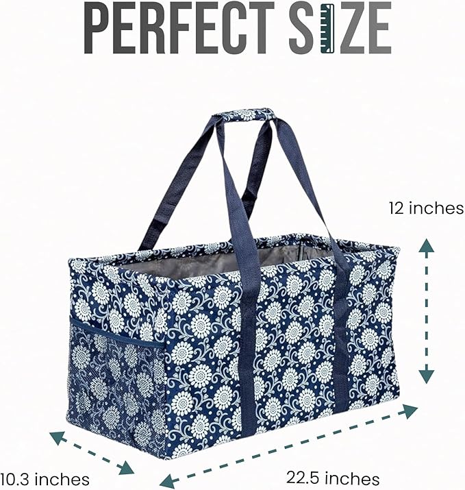 Extra Large Utility Tote Bag - Oversized Collapsible Reusable Wire Frame Rectangular Canvas Basket With Two Exterior Pockets For Beach, Pool, Laundry, Car Trunk, Storage - Navy Sunflower