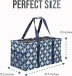 Extra Large Utility Tote Bag - Oversized Collapsible Reusable Wire Frame Rectangular Canvas Basket With Two Exterior Pockets For Beach, Pool, Laundry, Car Trunk, Storage - Navy Sunflower