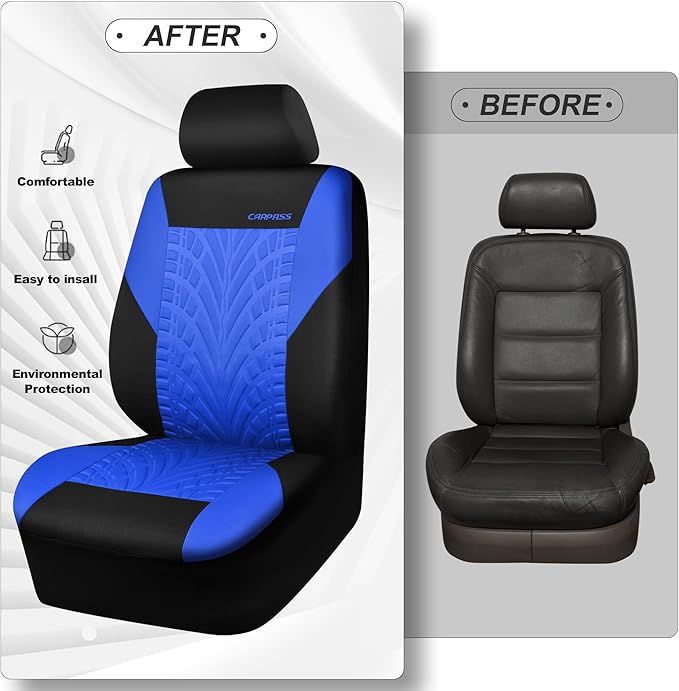 CAR PASS Car Seat Covers Full Sets, Front & Split Rear Bench for Car, 3D Tyre Embossed Automotive Interior Covers, Airbag Com