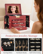 TORIBIO Jewelry Box for Women, Leather Jewelry Organizer with Mirror & Lock, 4-Tier Jewelry Storage Organizer with 3 Drawers 