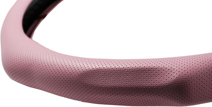 Quick Install Sporty Perforated Pink Nappa Leather Steering Wheel Cover with Black Stripe Universal fit 14½" to 15" Car SUV Pickup Pink for Wife