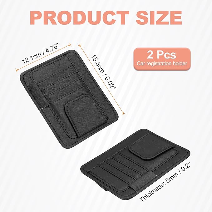 HARFINGTON 2Pcs Car Sun Visor Organizer 6.02" x 4.76" Leather Multi-Pocket Visor Card Sleeve Pocket Car Truck SUV Interior Storage Pouch for Driving License Credit Card Bill Sunglasses, Black