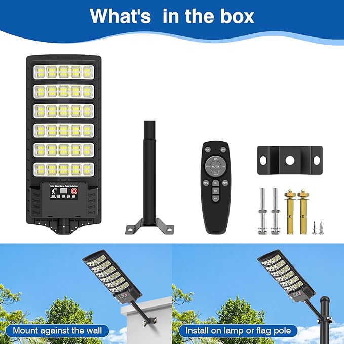 Solar Street Lights Outdoor Waterproof , 6500K 320°Wide Angle Flood light, LED Solar Parking Light with Motion Sensor and Rem